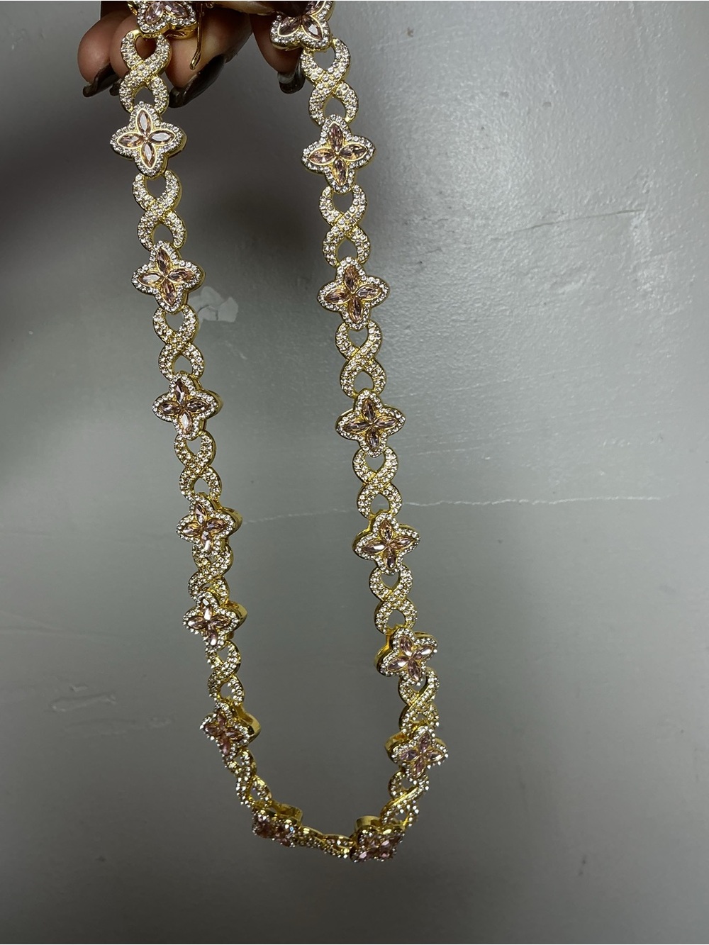 Gold-Tone Necklace with Pink Floral Crystal Links
